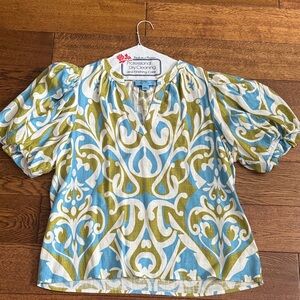 CeCe Blue White Olive Green Patterned Puff-Sleeve Blouse